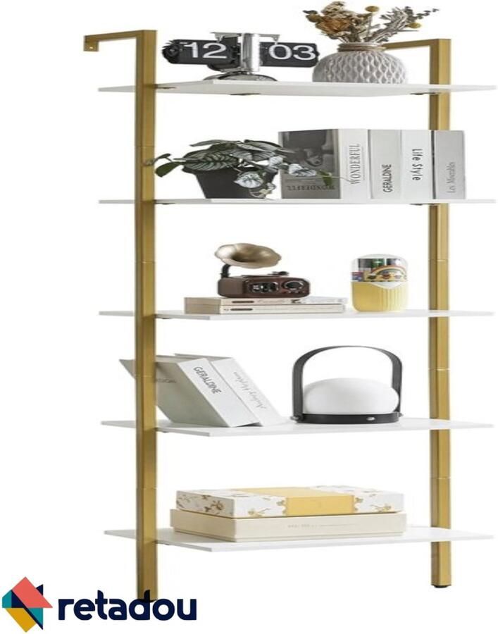 Retadou Ladderrek met 5 niveaus boekenkast doe-het-zelf staand rek houten rek metalen frame wandmontage voor boeken decoratie planten voor woonkamer kantoor balkon wit