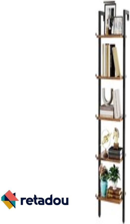 Retadou Ladderrek met 5 niveaus boekenkast doe-het-zelf staand rek van hout metalen frame wandmontage voor boeken decoratie planten voor woonkamer kantoor balkon rustiek bruin
