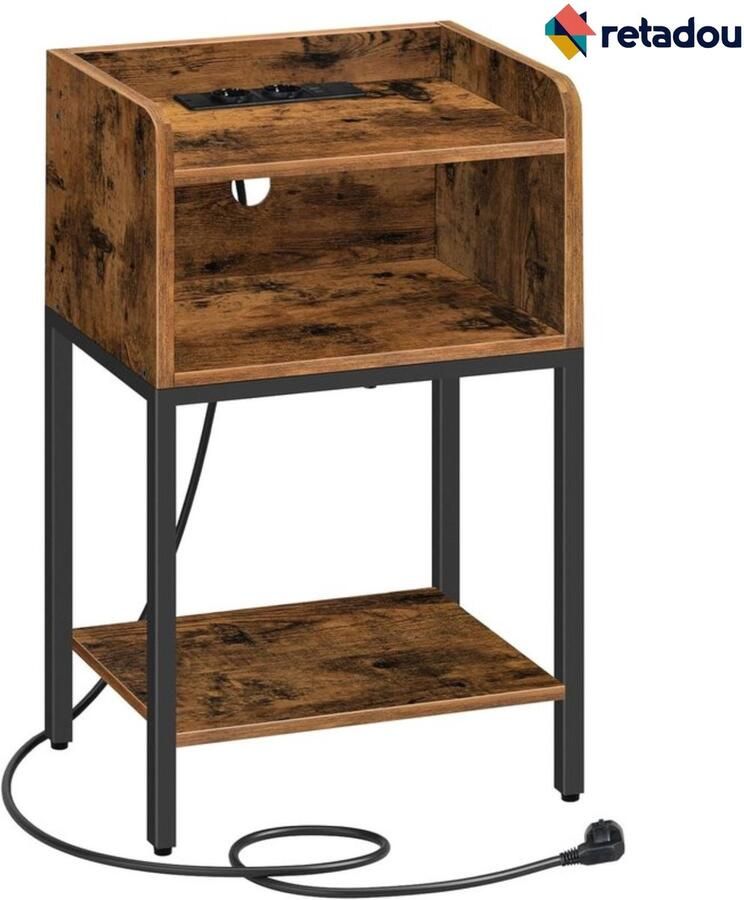 Retadou Nachtkastje bijzettafel met laadstation nachtkastje met 2 AC-poorten 2 USB-poorten voor slaapkamer woonkamer vintage bruin en zwart - Foto 2