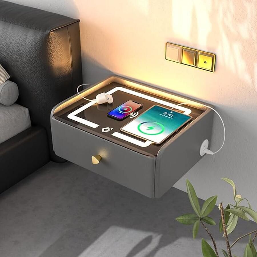 PolkaHome Nachtkastje hangend wandrek met lade smart nachtkastje slaapkamermeubel-opties voor jongens en volwassenen grijs