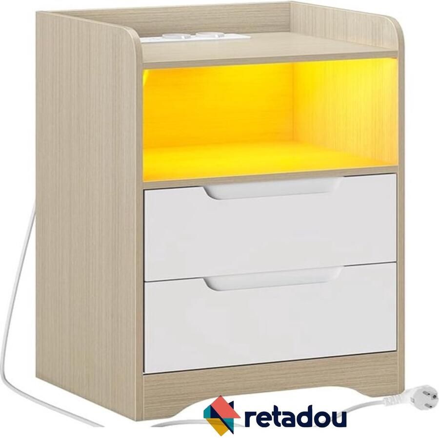 Retadou Nachtkastje met stopcontact en ledverlichting (2 AC-stopcontacten 2 USB-poorten) nachtkastje met 2 laden en 1 open vak bijzettafel voor woonkamer slaapkamer licht eiken