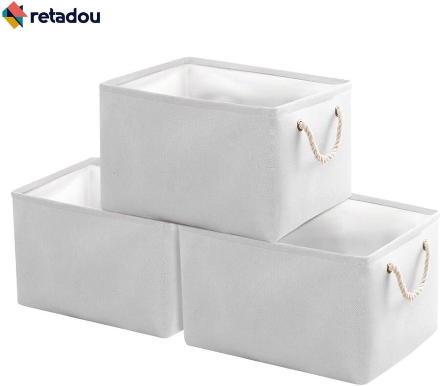 Retadou Opbergdoos opbergmand met handvat stoffen kubusmanden voor kast plank kleding 34 x 22 x 17 cm wit 3 stuks