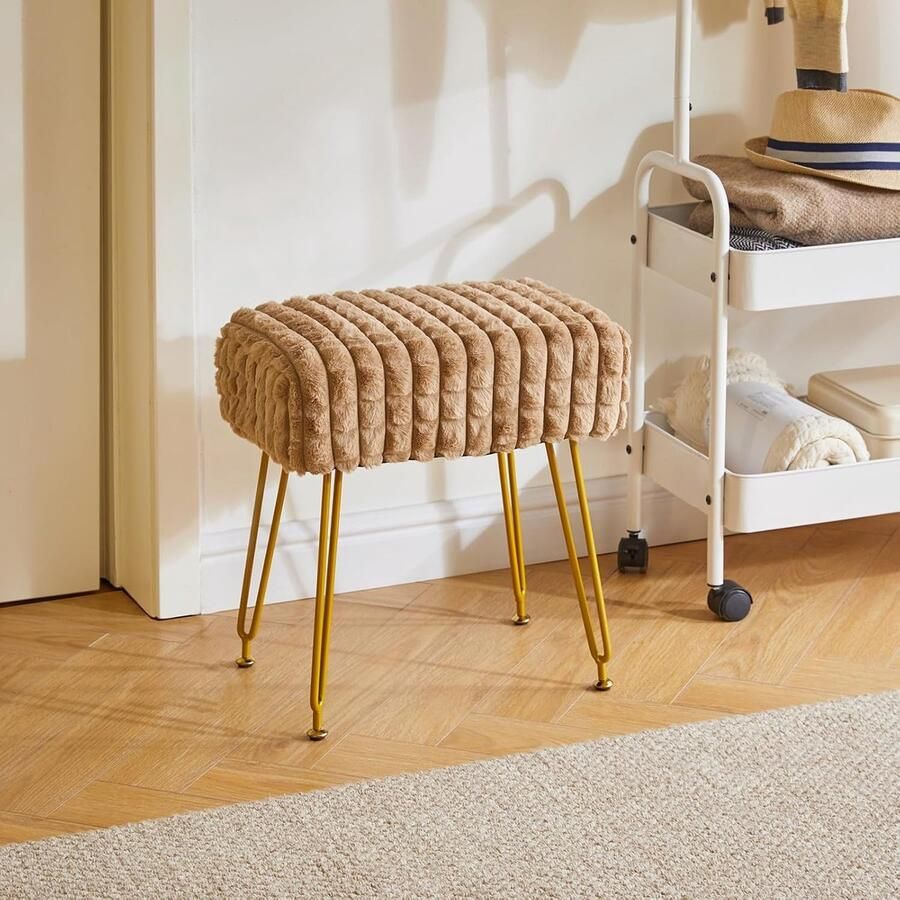 PolkaHome Rechthoekige voetensteunstoel voetenbankje make-upkruk bijzettafel fluwelen kleedtafel voetenbankstoel gouden stalen poten voor make-upruimte slaapkamer kaki