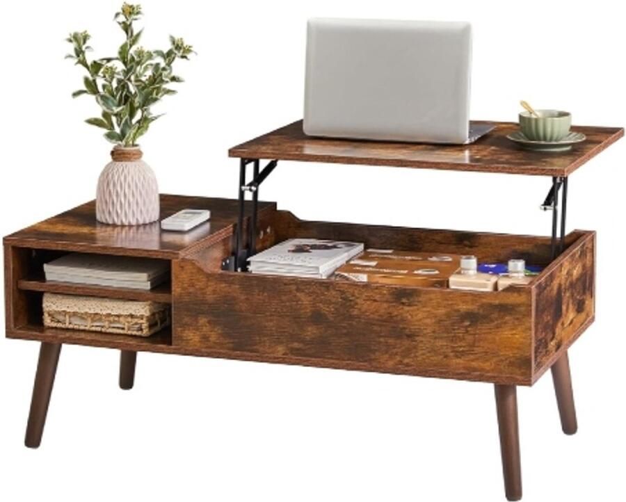 Retadou Salontafel in hoogte verstelbaar koffietafel uittrekbare woonkamertafel apart verborgen opbergvak voor woonkamer kantoor vintage bruin