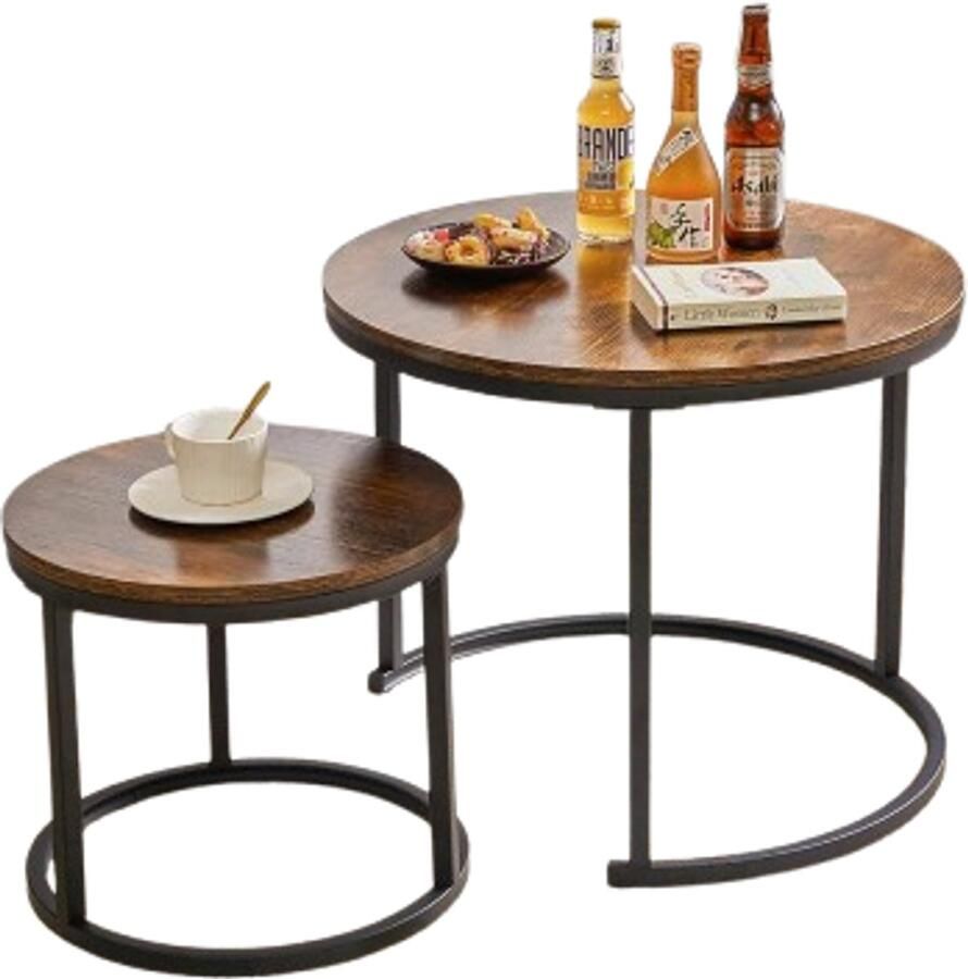 PolkaHome Salontafelset rond bijzettafel in 2 maten 2-delige woonkamertafel koffietafelset eenvoudige montage industrieel design vintage bruin-zwart