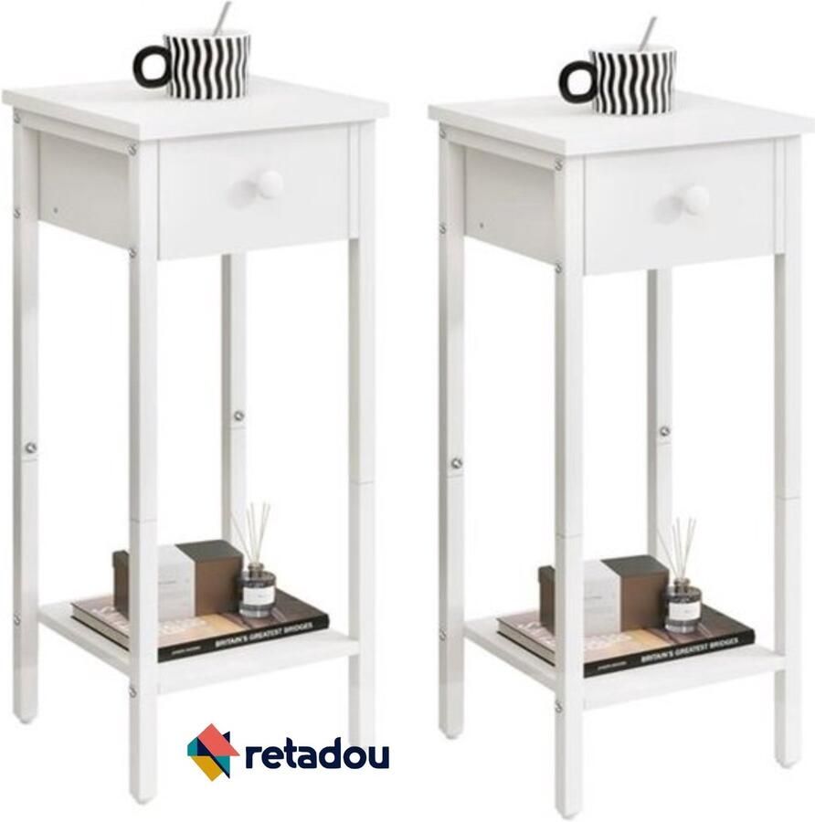Retadou Set van 2 nachtkastjes smalle nachtkastje hoge bijzettafel met één lade verstelbare poten 25 x 25 x 71 cm moderne salontafel voor woonkamer en slaapkamer wit