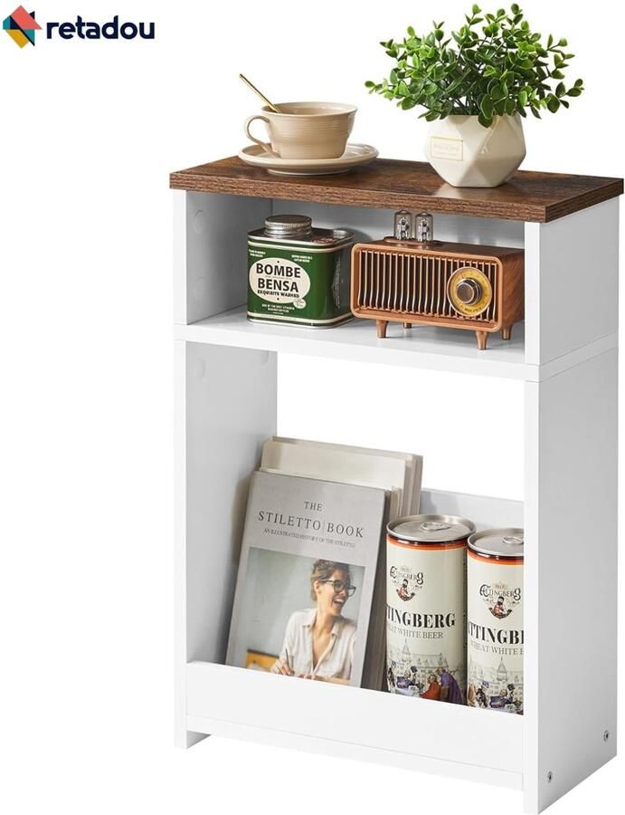 Retadou Smalle bijzettafel kleine bijzettafel met tijdschriftenhouder drielaagse salontafel klein houten nachtkastje voor woonkamer slaapkamer ruimtebesparend wit - Foto 2