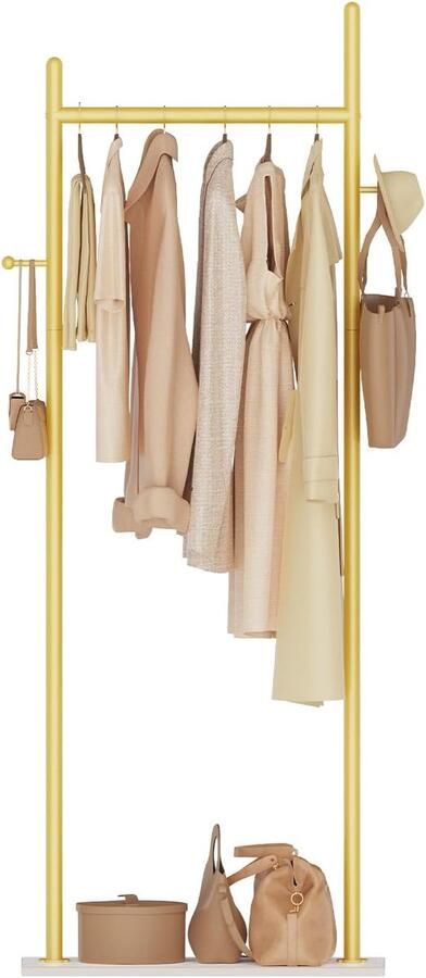 PolkaHome Stabiele metalen kapstok grote vrijstaande kledingstandaard voor kleding met rok slab basis en 2 haken moderne garderobe jasstandaard 50 x 30 x 175 cm goud