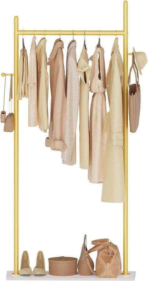 Large Entrance Coat Rack with 2 Hooks and Robust Stone Plate Large Capacity 65 x 30 x 175 cm GoldGYJ202LWJ