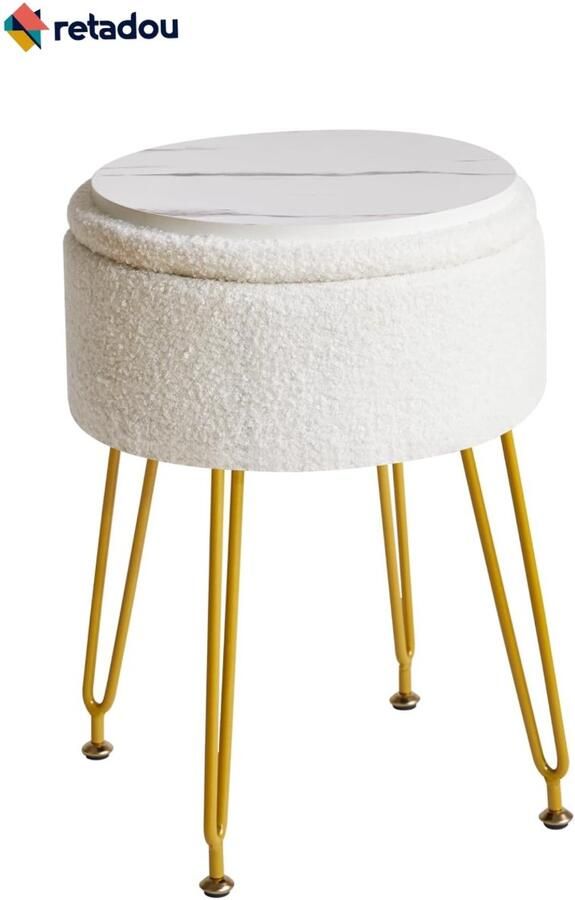 PolkaHome Opslag Voetsteun Kruk Ottomaanse Make-up Vanity Kruk Bijzettafel met Afneembare Cover Gouden Stalen Poten Salontafel Top Cover Wit WBD010W Teddy Velvet - Foto 2