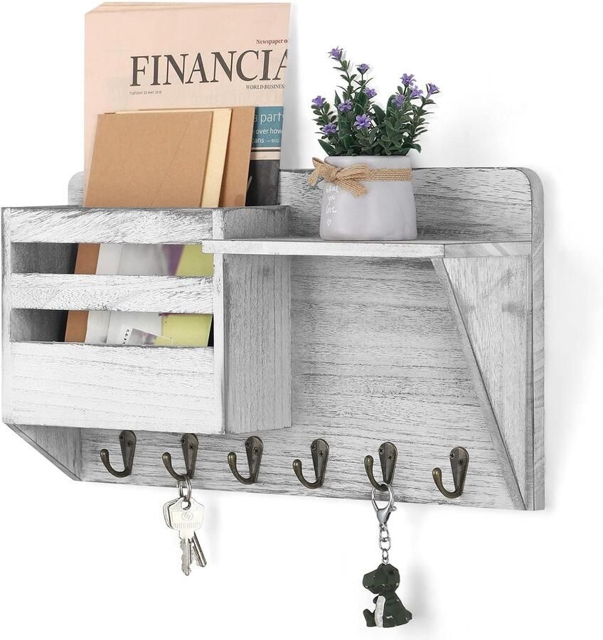 Vintage sleutelrek met plank hout wandrek hout voor sleutelrek organizer met 6 sleutelhaken decoratieve sleutelhouder voor sleutels brieven brochures magazijn wit grijs
