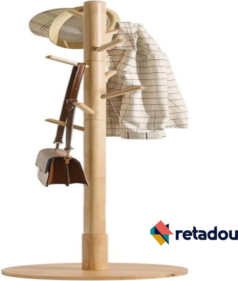 Retadou Vrijstaande kapstok in boomvorm kapstok houten vloerstandaard staande kapstok ronde basis met 8 haken kleding tassen slaapkamer hal natuurlijke kleur - Foto 2