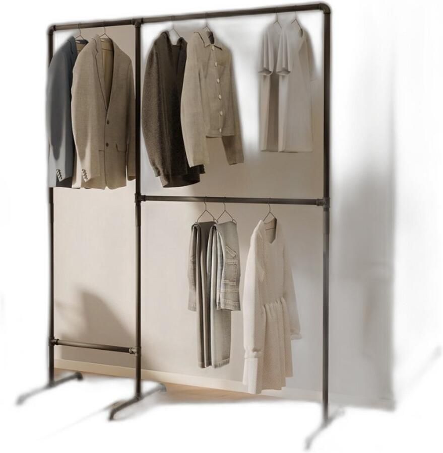 PolkaHome Vrijstaande kledingstang in industrieel loft-design LAS II garderobe voor inloopkast muur slaapkamer kledingrek van zwarte stabiele buizen vrijstaand - Foto 2