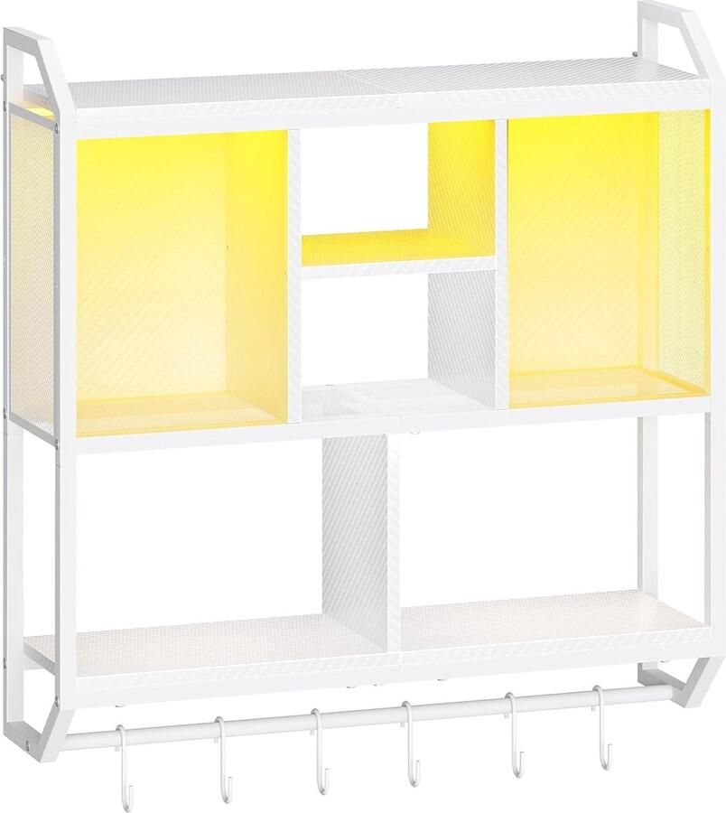 PolkaHome Wandplank met ledverlichting zwevende plank met 4 niveaus zwevend rek met 6 haken voor speelkamer keuken café bistro