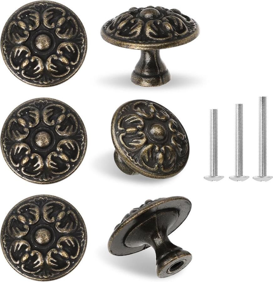 Retro Antiek Messing Knoppen Vintage Kast Knoppen 6 stuks Bloemenbloesem Patroon