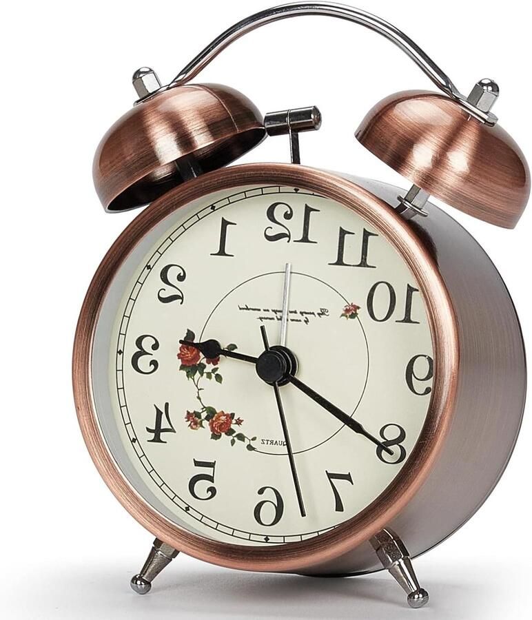 Retro Bell Luide wekker voor zware slapers batterij aangedreven stille niet-tikkende wekker met nachtlampje ouderwets design voor nachtkastje bloem 3 inch