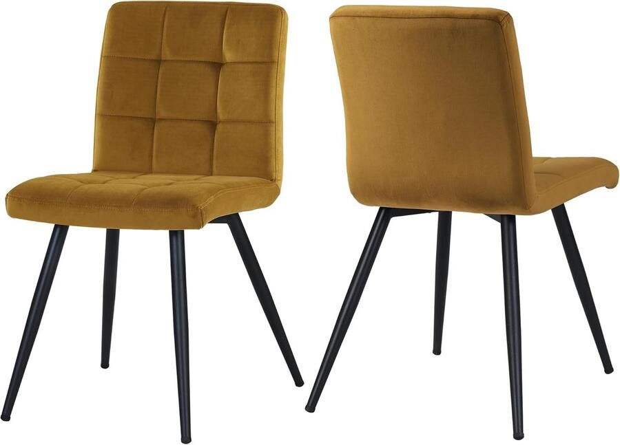 Retro Eetkamerstoelen Set van 2 Fluwelen Keukenstoelen met Metalen Poten Geel