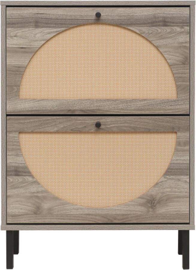 Steven retro-grijze schoenenkast met twee deuren uitwisselbare halfronde deurfronten en rietachtige oppervlakte lengte 60 cm met achterwand geschikt voor ingang en andere locaties