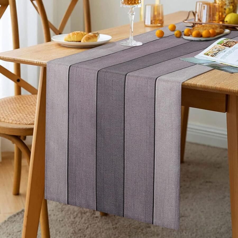 Retro houten tafelloper bruin grijs katoenlinnen 140 x 40 cm