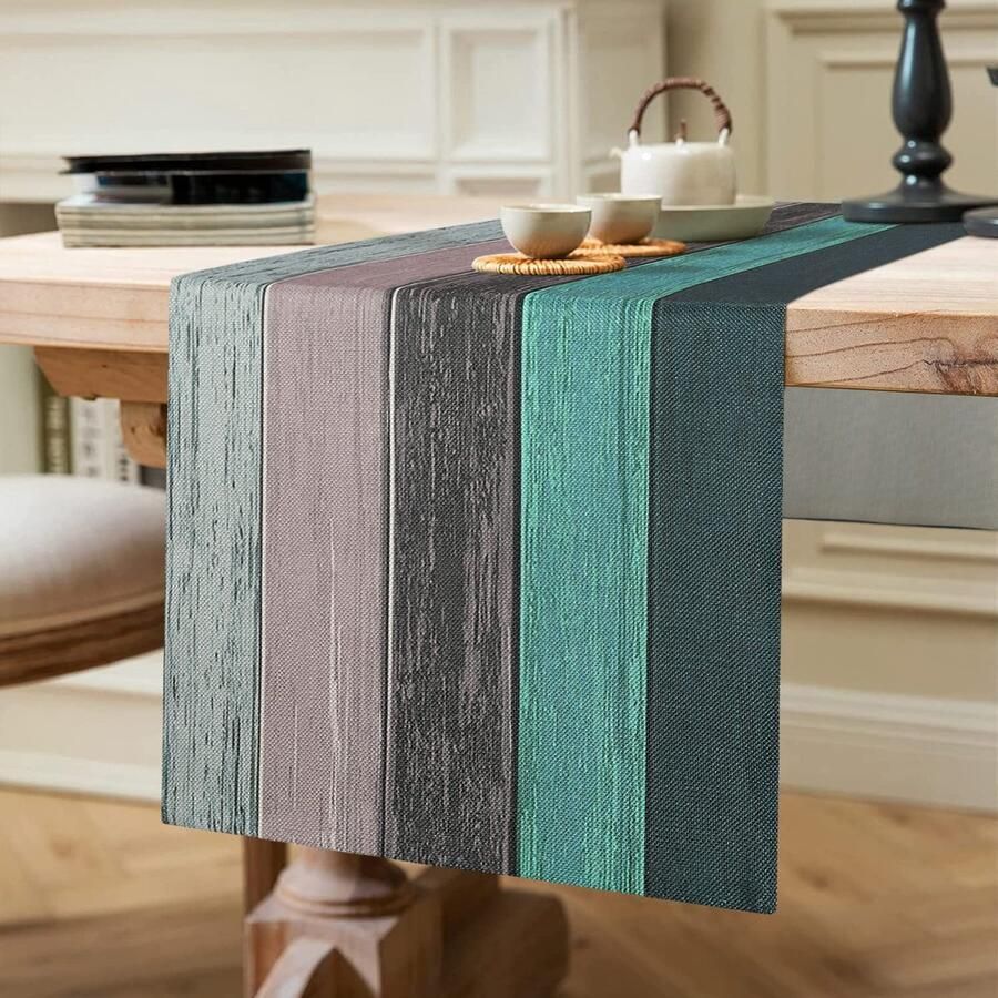 Retro houten tafelloper decoratief 1 stuk rood oranje bruin katoenlinnen 140 x 40 cm