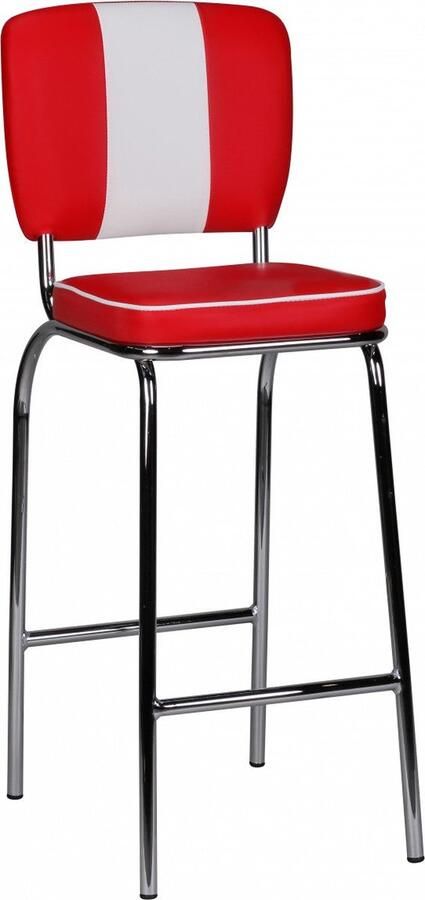 Rootz Living Rootz Retro Vintage American Diner Barstoel Lederlook Chromen onderstel Kleurcontrasterende naden Weelderige bekleding Rood Wit Maximale belasting 110 KG 110cm x 40cm x 38cm