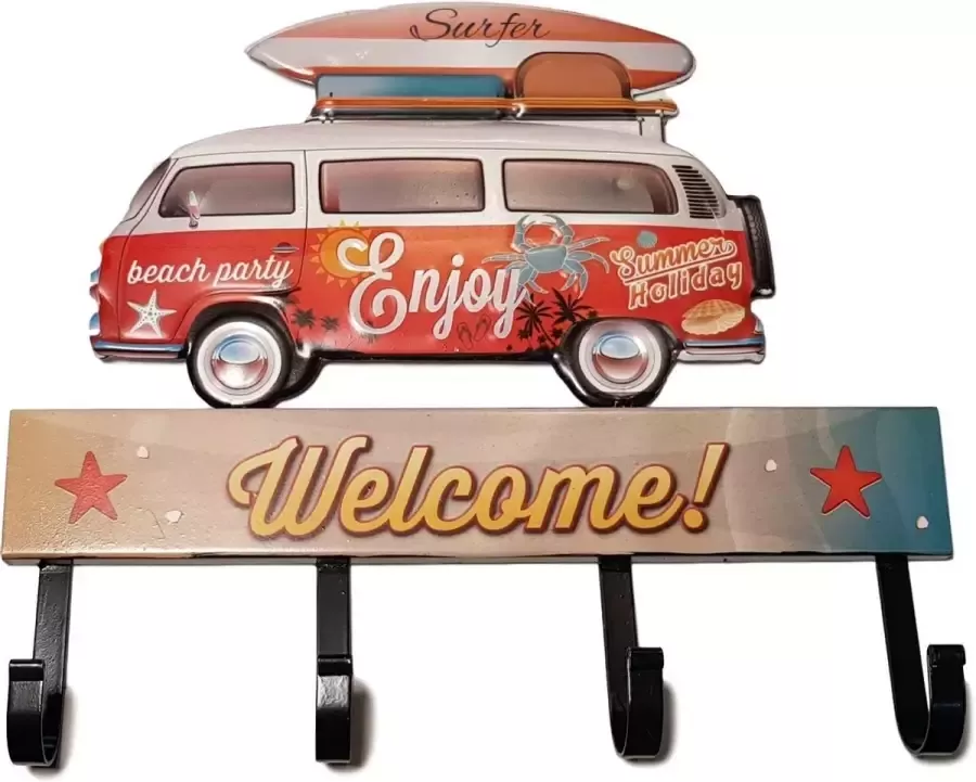 Retro Wandkapstok Welcome Beach design 4 haken 31 cm x 23 cm