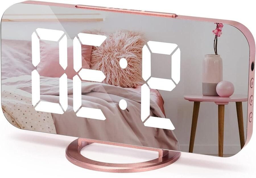 Retro Wekker Digitale wekker met led-klok 165 cm (65 inch) tafelklok snooze verstelbare helderheid spiegelwekker roségoud voor nachtkastje slaapkamer en kantoor