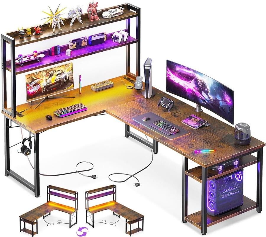 Reversible L-Shape Gaming Table with LED Lights in Brown 150 x 120 cm