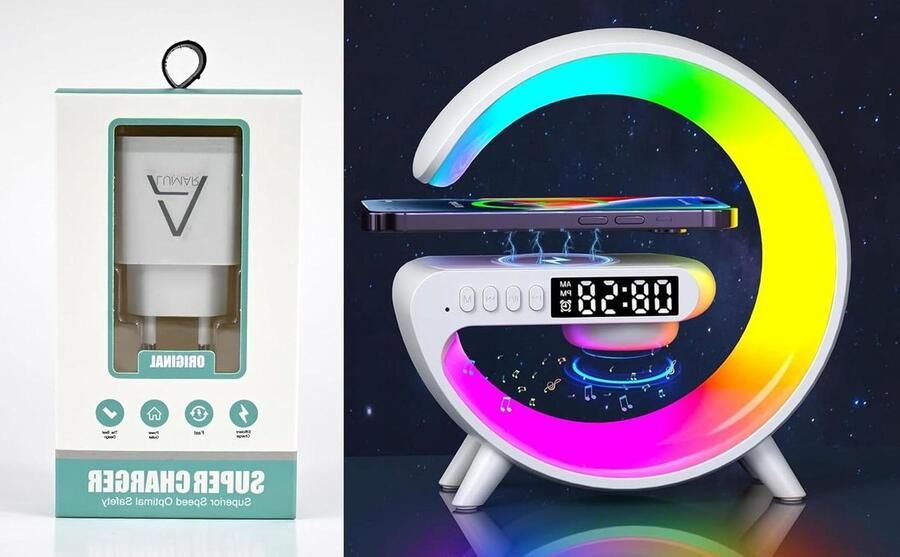 RGB intelligente G-vorm bluetooth-luidspreker wekker draadloze oplader 10 W dimbaar nachtlampje volwassenen en kinderen Draadloze lampen met LED-technologie