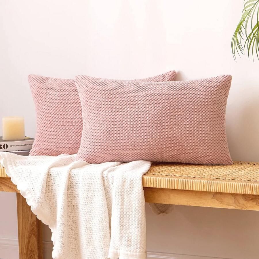 Ribfluwelen Kussensloop Set van 2 Decoratieve Sierkussens voor Bank en Woonkamer 40 x 60 cm Roze