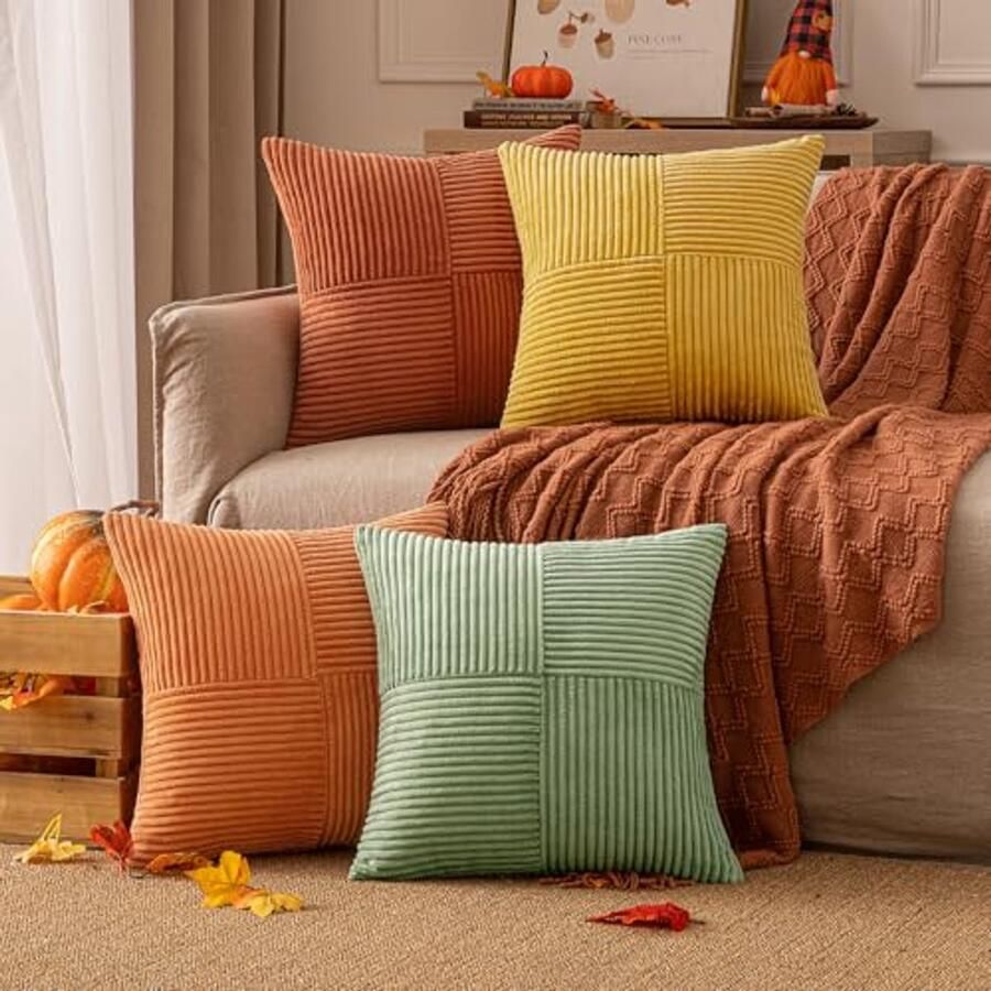 Ribfluwelen Kussensloop Set van 4 Herfst Patchwork Decoratieve Kussenhoezen 45x45 cm Sierkussens voor Bank en Slaapkamer