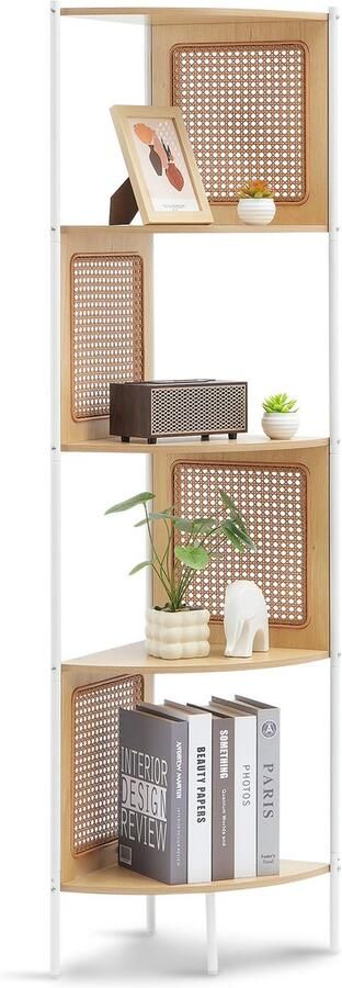 Rieten Hoek Boekenrek 5-laags Ladder Rek met Metaalframe Smal Open Wand Hoek Rek voor Bibliotheek Vergaderzaal Kantoor Werkruimte Natuurlijk en Stijlvol