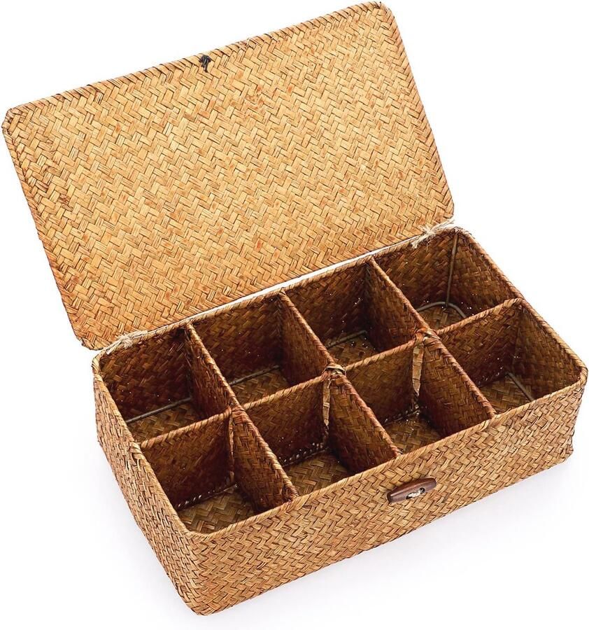 Rieten mand opbergmand met deksel en 8 vakken Tafelorganizer voor aanrecht bureau en plank (karamel)