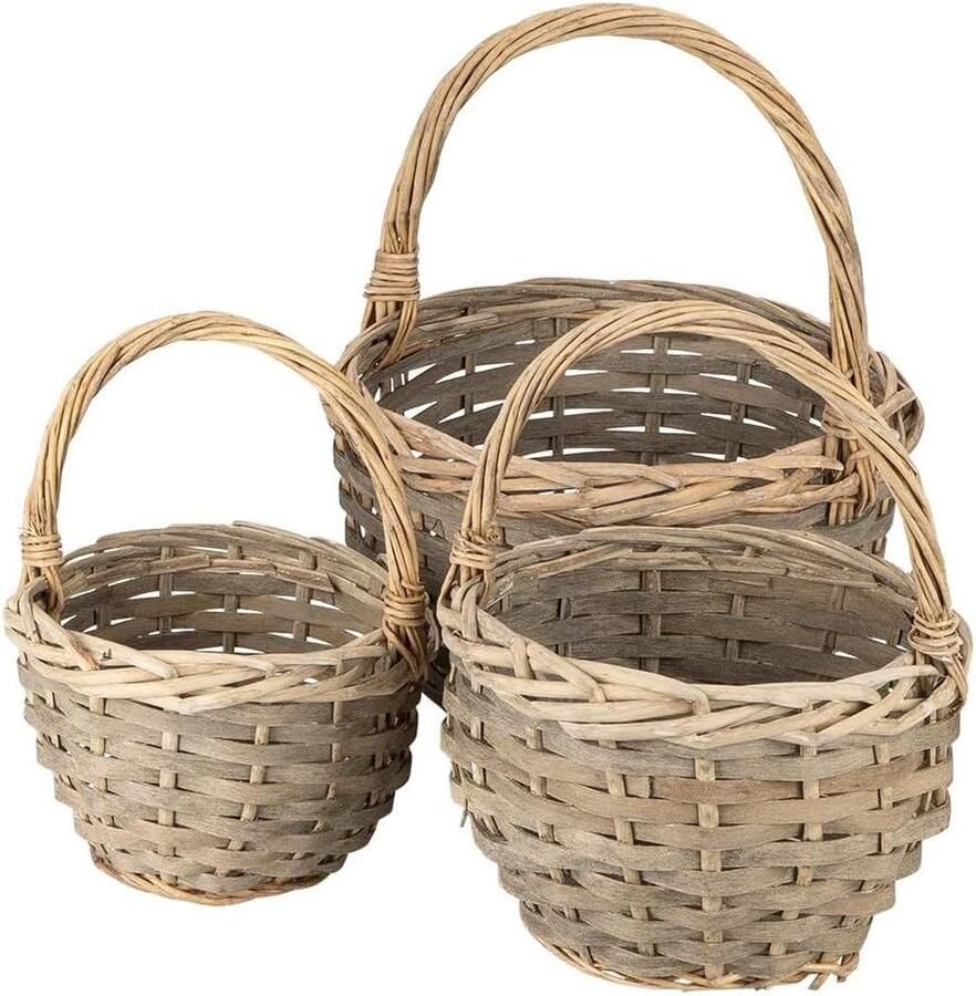 Rieten mandenset 3 manden in verschillende maten: diameter 14 diameter 18 diameter 21 cm met handvat Gevlochten Rond Klein Ideaal als cadeau of geschenkmand (donker)