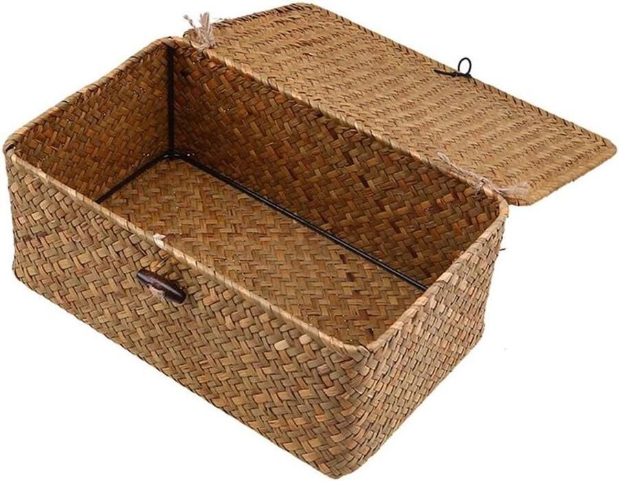 Rieten opbergmand van geweven rotan Opbergdozen met deksels en zeegras wasmanden Make-up organizer voor badkamer woonkamer of keuken (M)