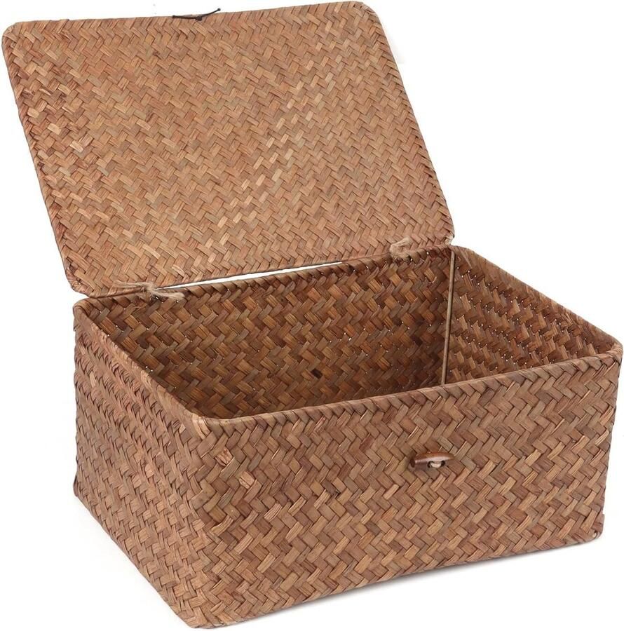 Rieten plankmanden met deksel zeegras opbergmandbakken rechthoekige handgeweven manddozen voor planken bureau thuisorganizer (koffiebruin groot) FEIALNDUO