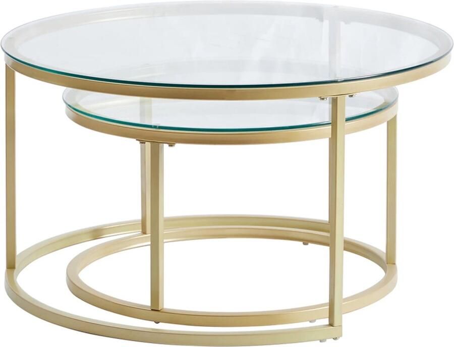 RM Store 2 In 1 Glazen Salontafels Ronde Bijzettafels 2 In 1 Set Cafe Tafels Koffietafels Eenvoudige Montage Transparant Glas Gouden Frame