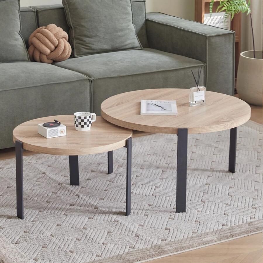RM Store 2 Ronde Bijzettafels Moderne Salontafels Set Van 2 Creatieve Salontafel Ronde Bijzettafels Koffietafels Woonkamer Tafels Hout Zwarte Poten