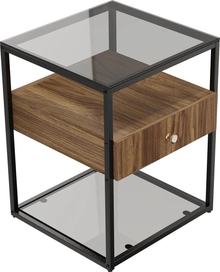 RM Store Bijzettafel Met Lade Nachtkastje Salontafel Koffietafel Gehard Glas Woonkamer Slaapkamer Stalen Frame Hout Zwart 43x43x54 cm