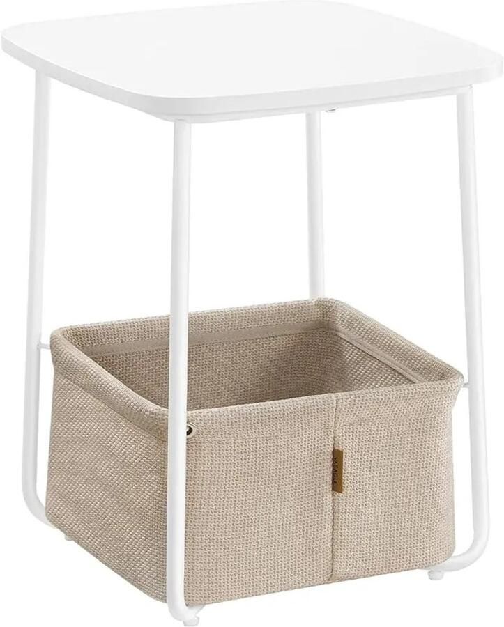 RM Store Bijzettafel Met Opbergmand Salontafel Koffietafel Vierkante Tafel Stoffen Mand Wit 40 x 40 x 50 cm