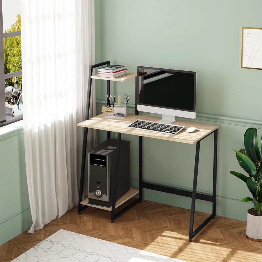 RM Store Computer Bureau Computer Tafel Computer Meubel Werktafel Kantoor Tafel Werkbureau 4 Planken Industrieel Stalen Frame Hout Zwart 98x118x50 cm