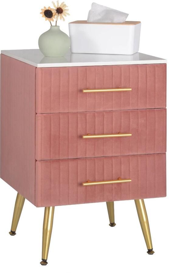 SureDeal Depot SureDeal Nachtkastje Velvet Roze Goud Luxe Slaapkamer 3 Lades 41x40.5x62 cm Dressoir Kast Huiskamer