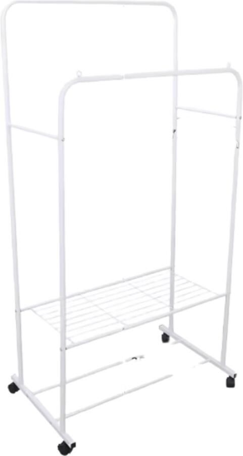 RM Store Groot Ijzeren Kledingrek Op Wieltjes Schoenen Rek Opslag Dubbele Railing Anti Slip Haak Wit 1.5M