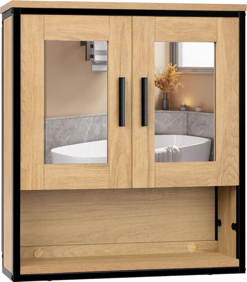 RM Store Hangende 2 In 1 Badkamerkast Medicijnkastje Badkameropslag Met 2 Spiegels Verstelbare Planken Ruimtebesparend Stabiele Structuur Bruin 56 x 13 x 60 cm