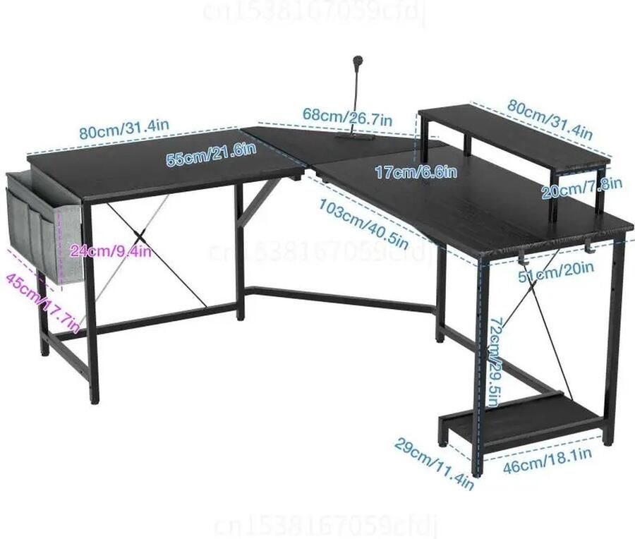 RM Store Hoekbureau Gaming Bureau Computerbureau L Vormig Oplaadstation Veel Opslag Kantoor Slaapkamer Woonkamer Zwart 158 x 51 x 72 cm
