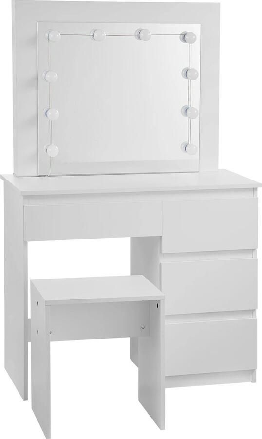 RM Store Hollywood Kaptafel Met Spiegel En Kruk Make Up Tafel Slaapkamer Tafel Hollywood Spiegel Toilettafel Cosmetica Tafel Wit 90x40x140 cm