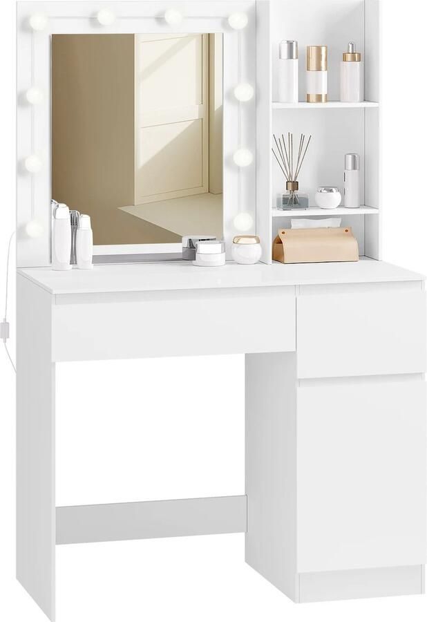 RM Store Kaptafel Met LED Verlichting Make Up Tafel Hollywood Tafel Meisjes Tafel Met Spiegel Dimbare Lichten Slaapkamer Wit 90 x 40 x 140 cm - Foto 2