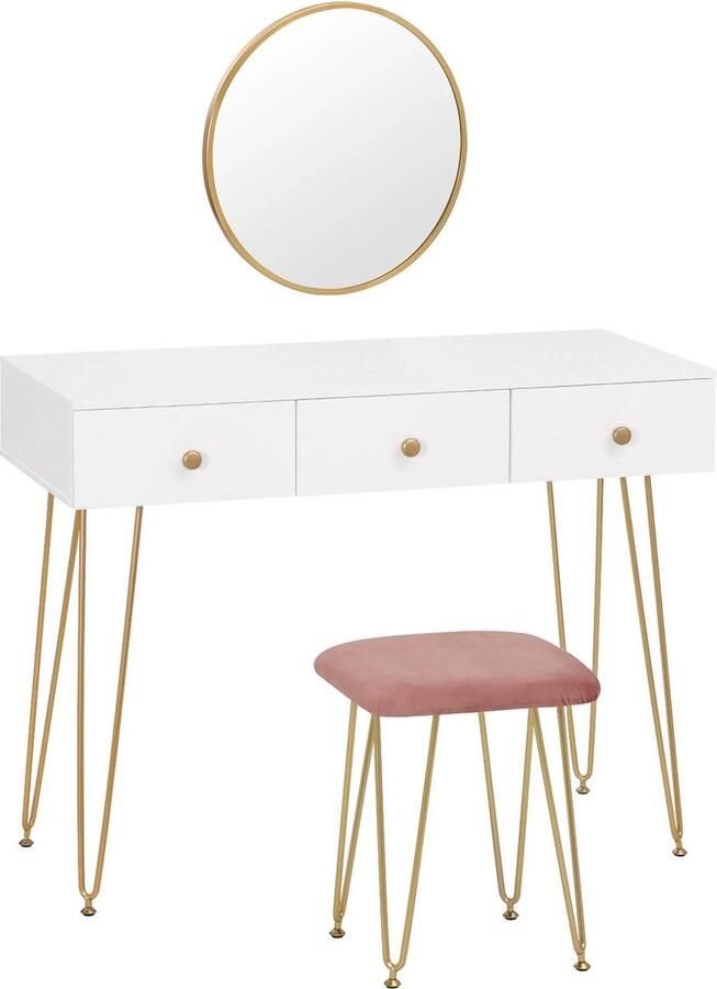 RM Store Kaptafel Met Spiegel En Kruk Make Up Tafel Toilettafel Beauty Tafel Cosmetica Tafel Set Voor Slaapkamer Home Decor Wit 100x40x79 cm
