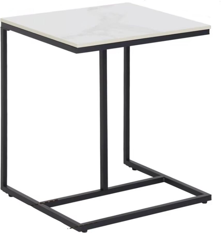 RM Store Moderne Bijzettafel Salontafel Koffietafel Laptoptafel Marmeren Look Metalen Frame C Vormig 45x39.5x52.5 cm