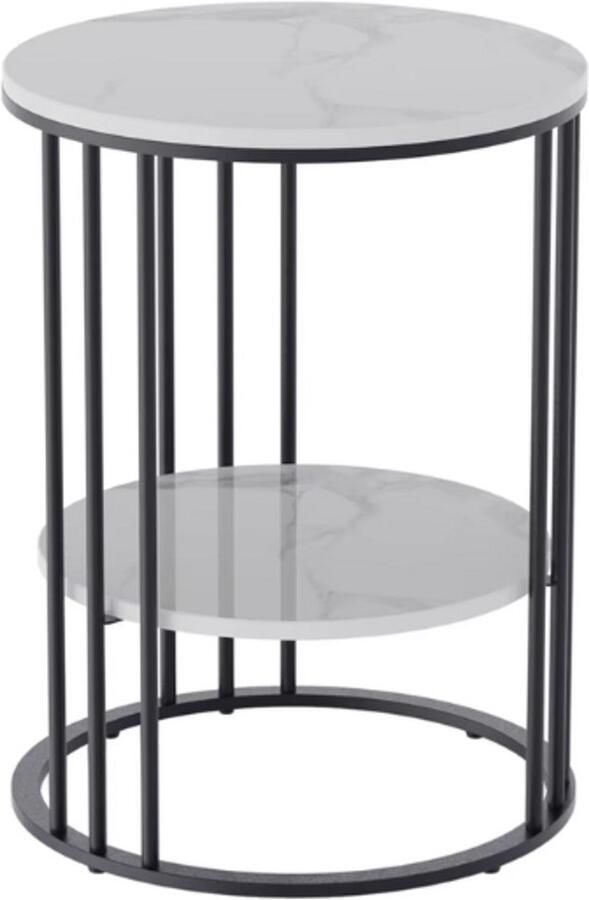 RM Store Moderne Marmerlook Stenen Salontafel Ronde Bijzettafel Met Frame Modern Nachtkastje Koffietafel Wit Met Zwart Frame 54CM